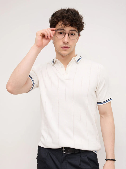 White Ribline Contrast Polo Flat Knit T-Shirt