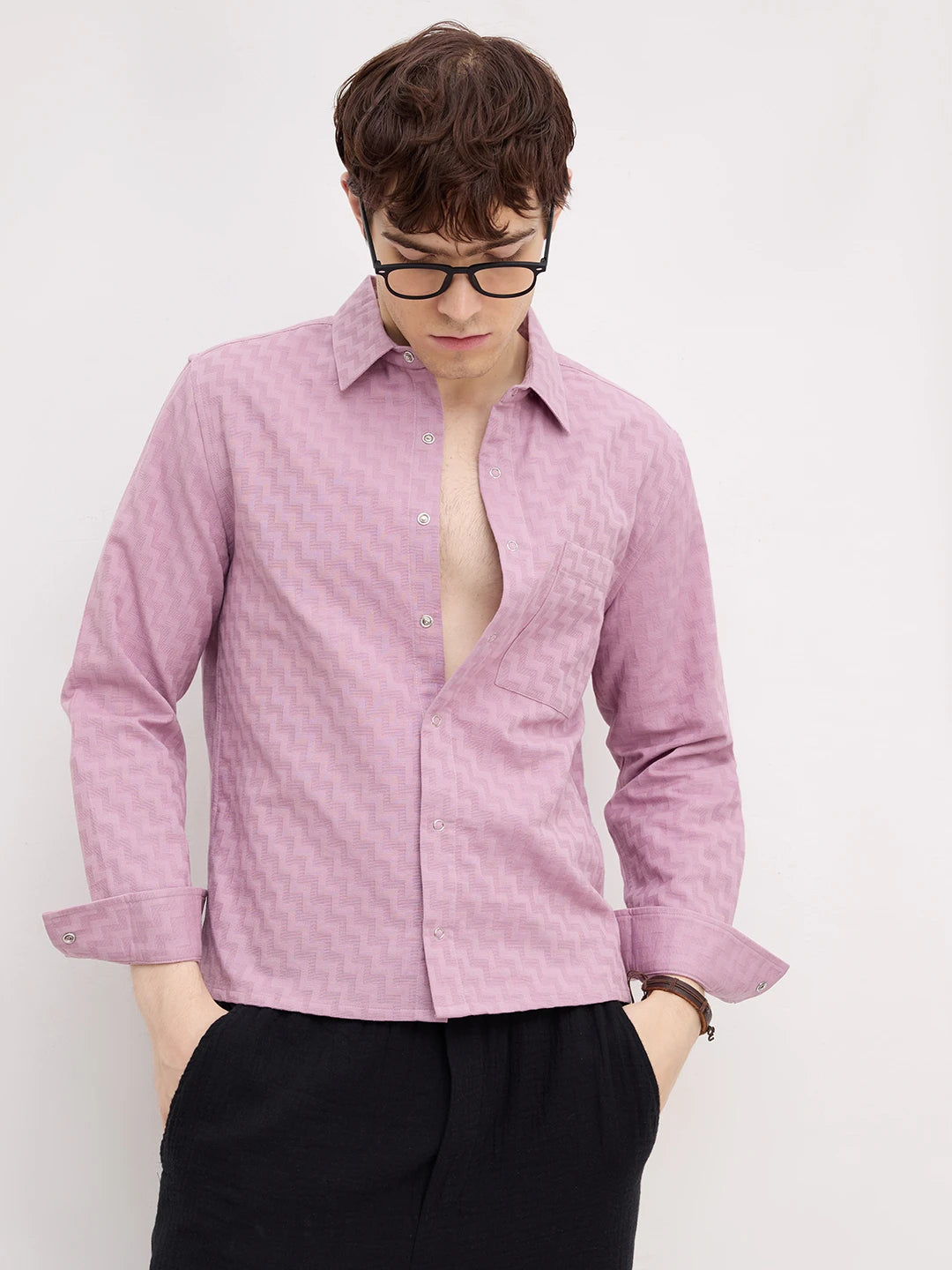 Luxe Mauve Pink Maze Textured Straight Hem Crop Shirt