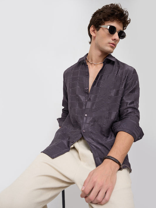 Charcoal Grey Block Checks Motif Embossed Shirt