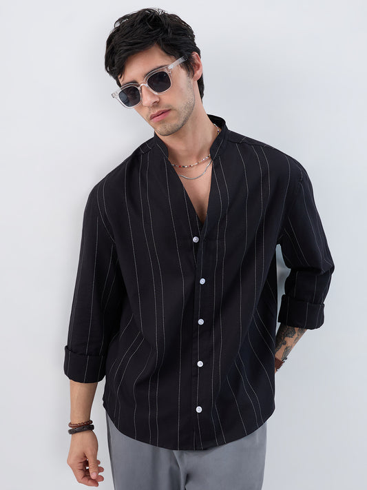 Refined Black Pinstripe Stand-Collar Oversized Shirt