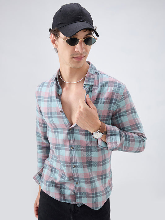 Vintage Blue Diagonal Textured Overlay Checks Shirt