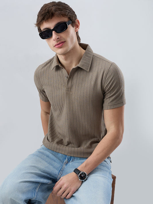 Dusty Beige Polo Neck Knit T-shirt
