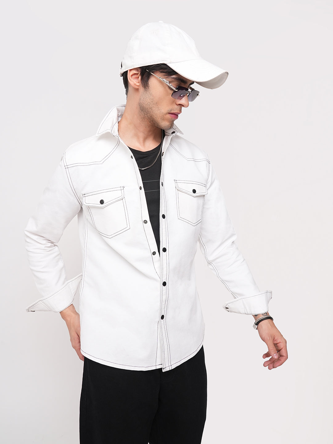 Solid White Double Flap Pocket Overshirt