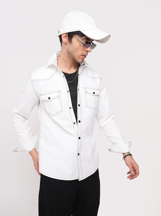 Solid White Double Flap Pocket Overshirt