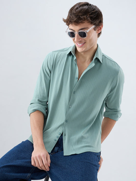 Sea Green Fine Vertical Ribbed Knitted Shirt