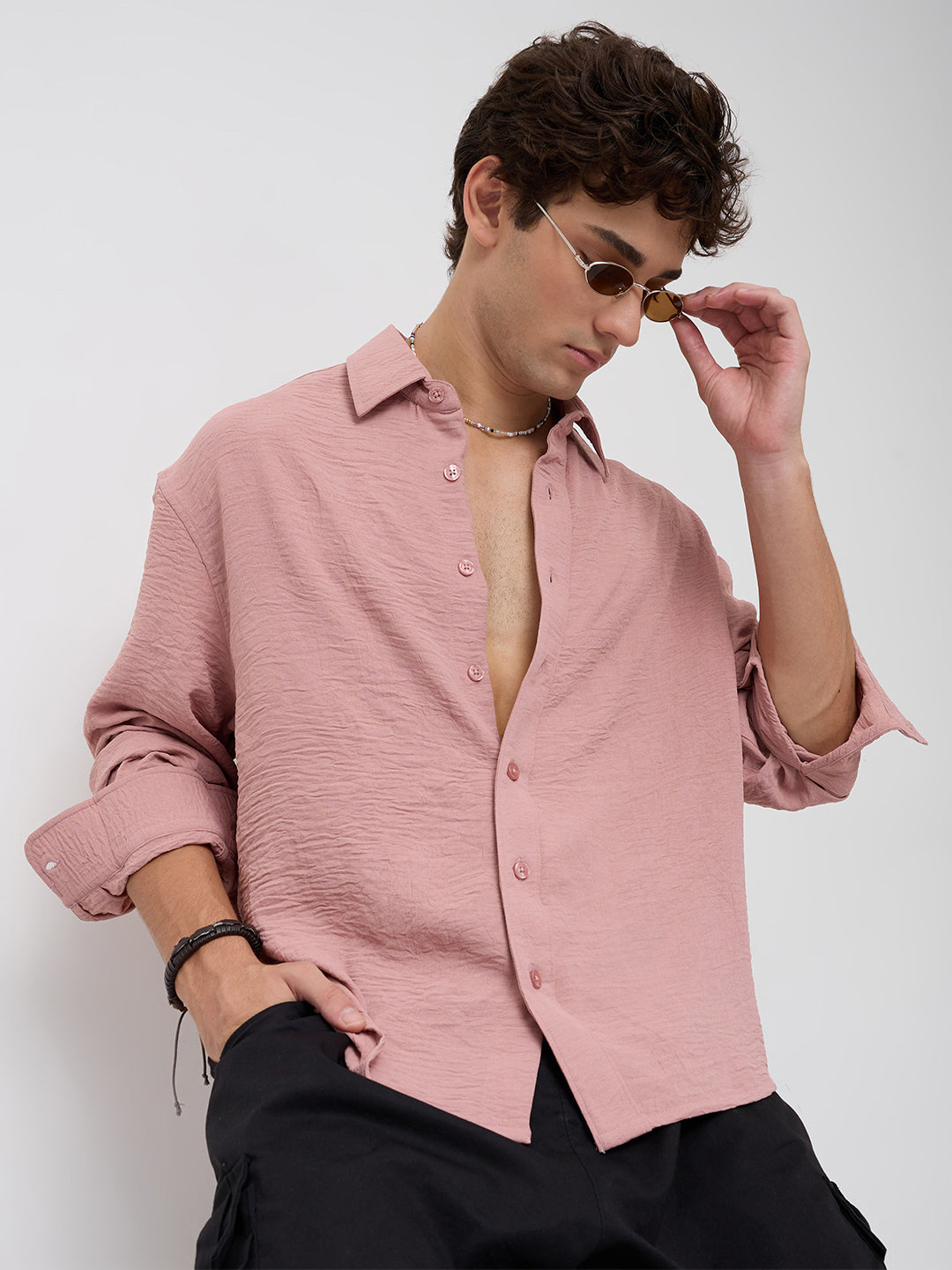 Trendy Spanish Pink Lightweight Crinkled Boxy Fit Crop Shirt