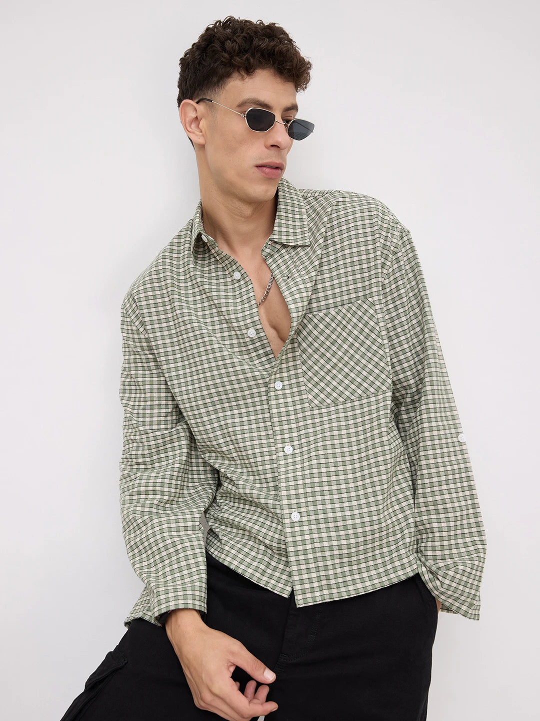 Moss Green & Ivory Cuffless Oversized Crop Shirt