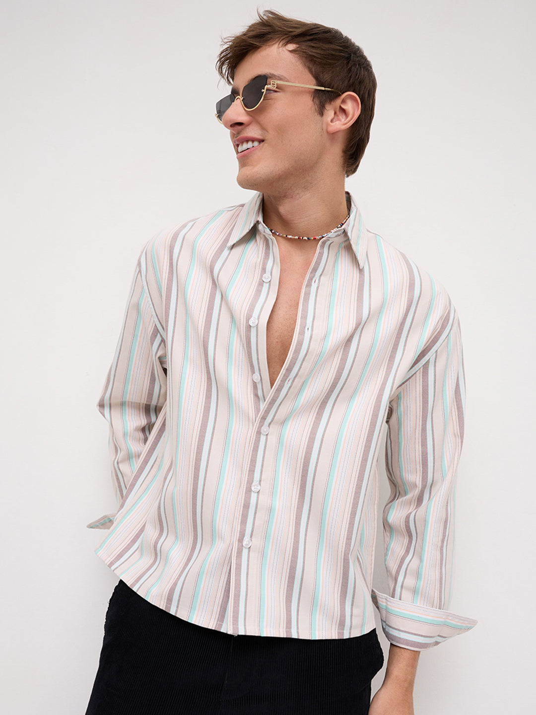 Sunwashed Multi Stripe Weave Boxy Fit Crop Shirt