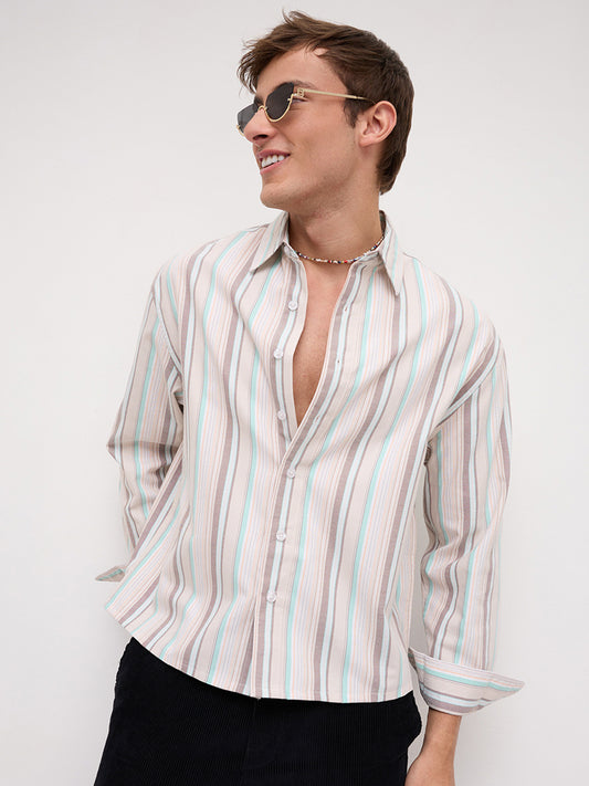 Sunwashed Multi Stripe Weave Boxy Fit Crop Shirt