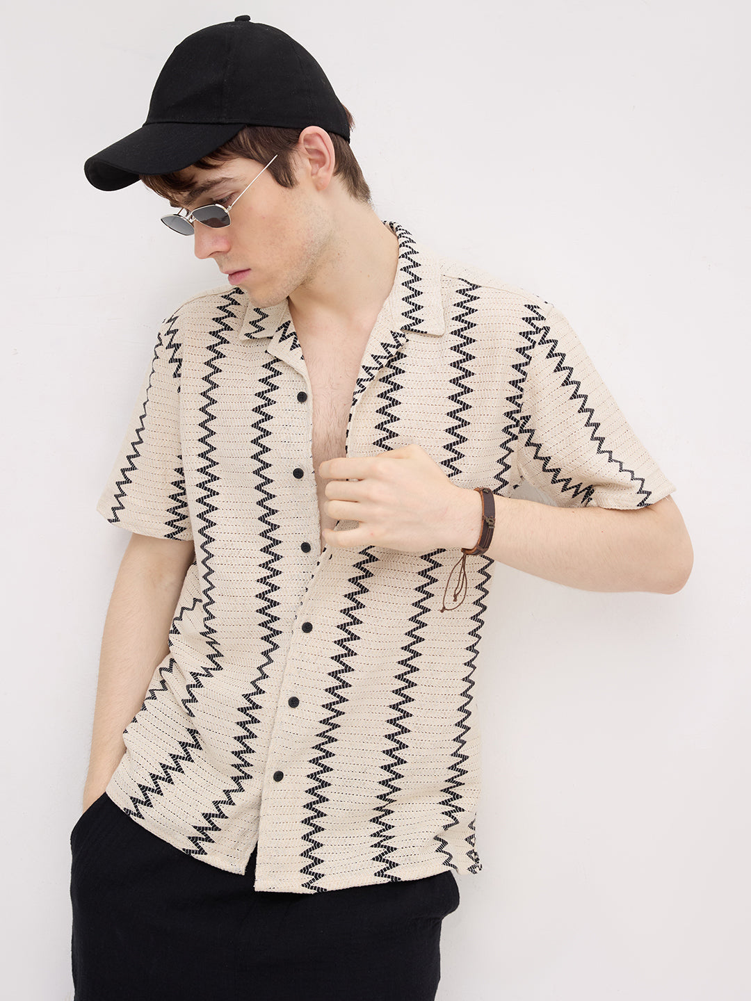 Beige & Black Chevron Striped Notch Collar Oversized Shirt