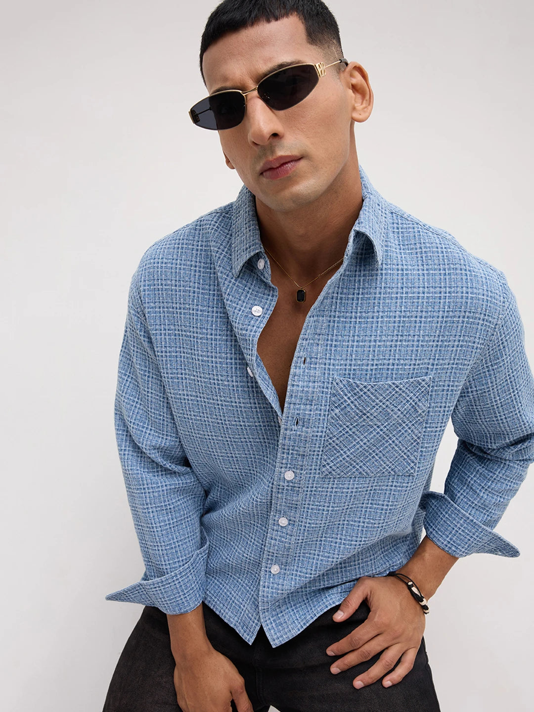 Abstract Denim Crosshatch Woven Boxy Fit Crop Shirt
