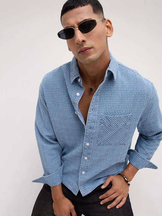 Abstract Denim Crosshatch Woven Boxy Fit Crop Shirt