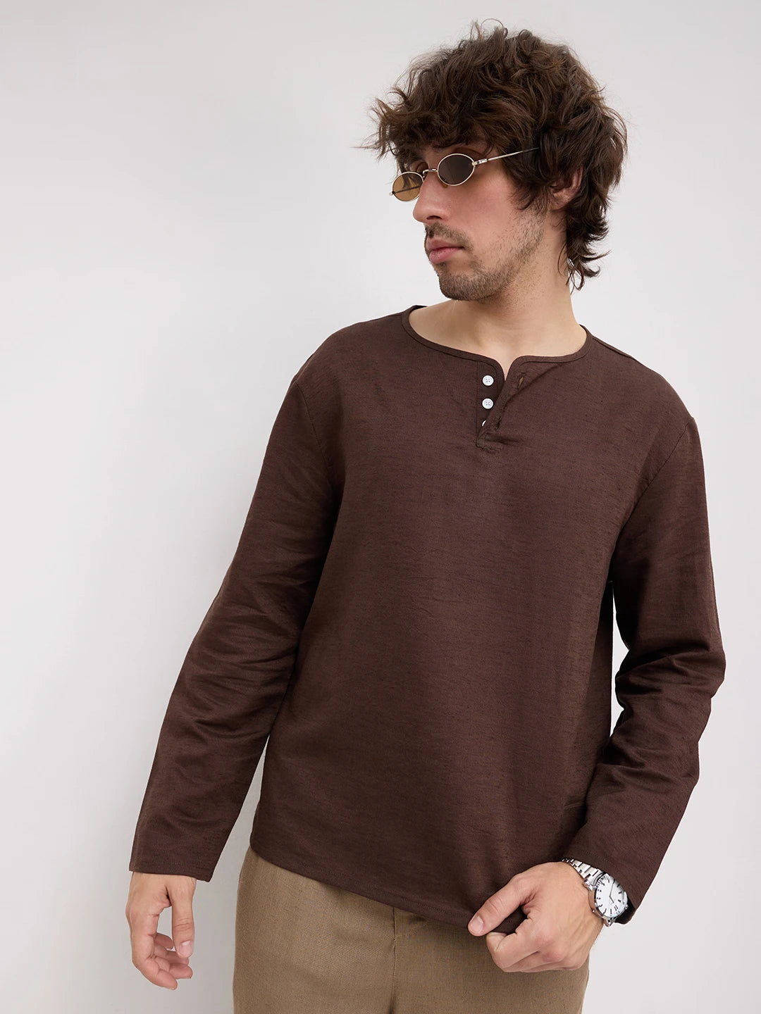 Espresso Brown Linen Blend Henley Neck Oversized Shirt