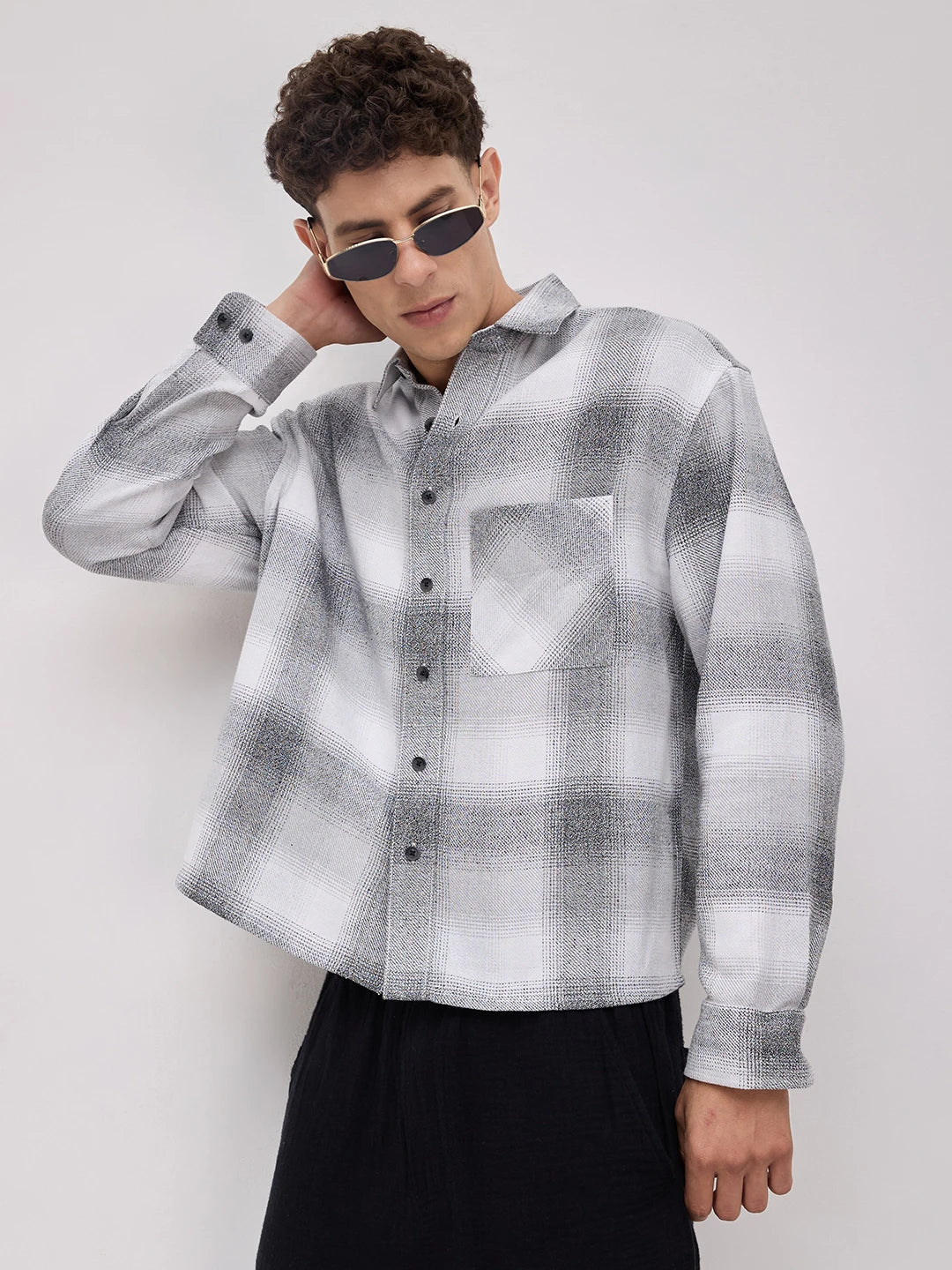 Grey & Black Crosshatch Plaid Checks Boxy Fit Crop Shirt