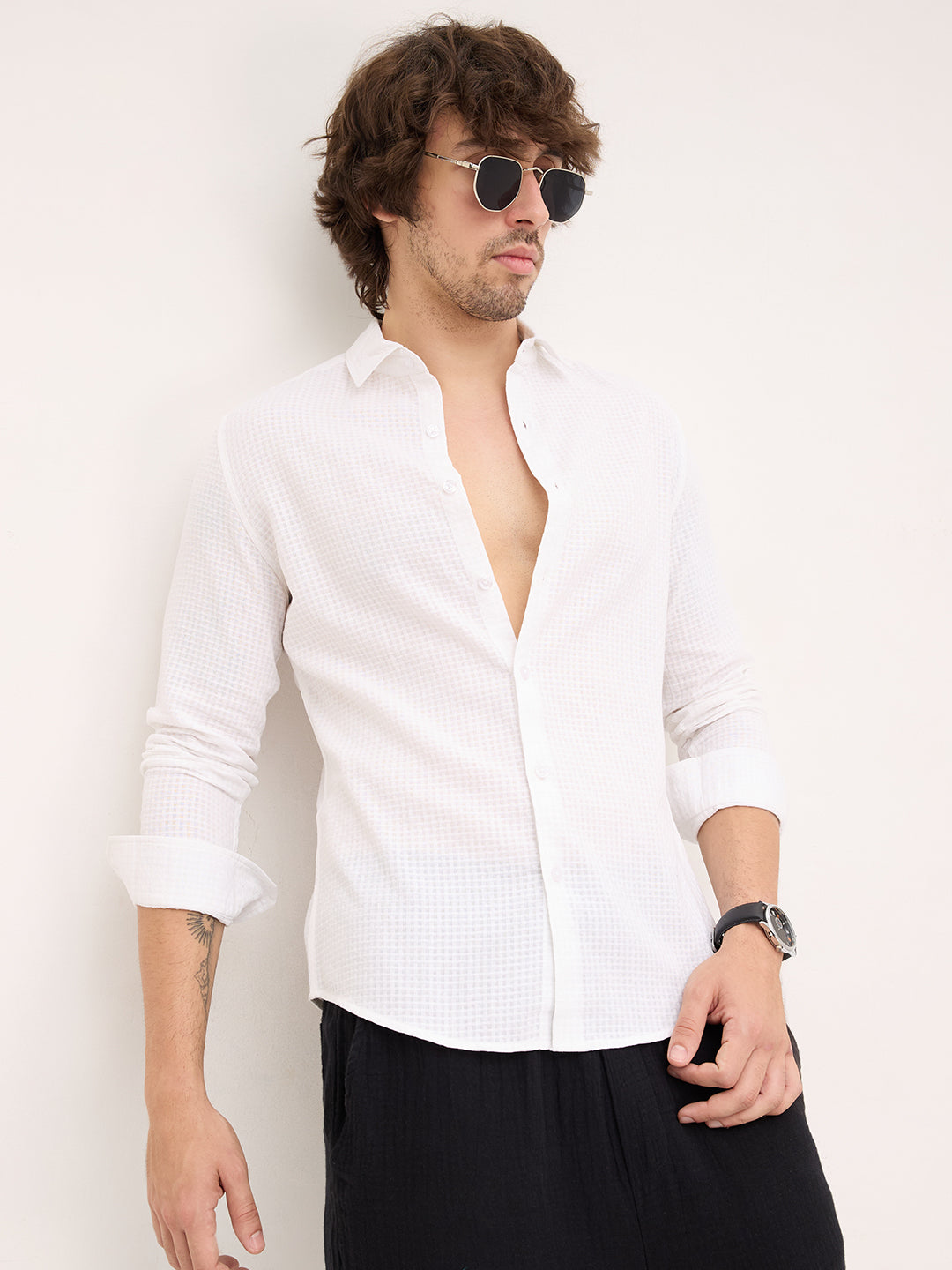 Sheer White Mini Square Checks Textured Vacation Shirt