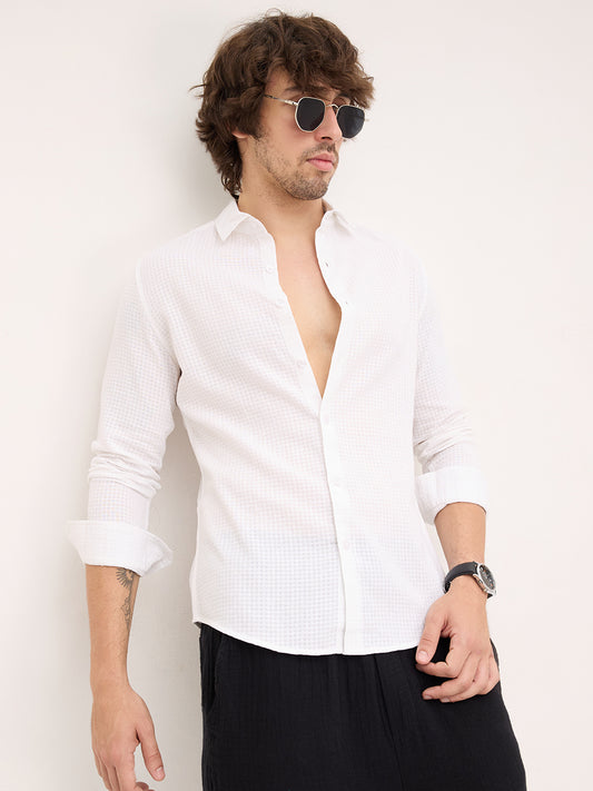 Sheer White Mini Square Checks Textured Vacation Shirt