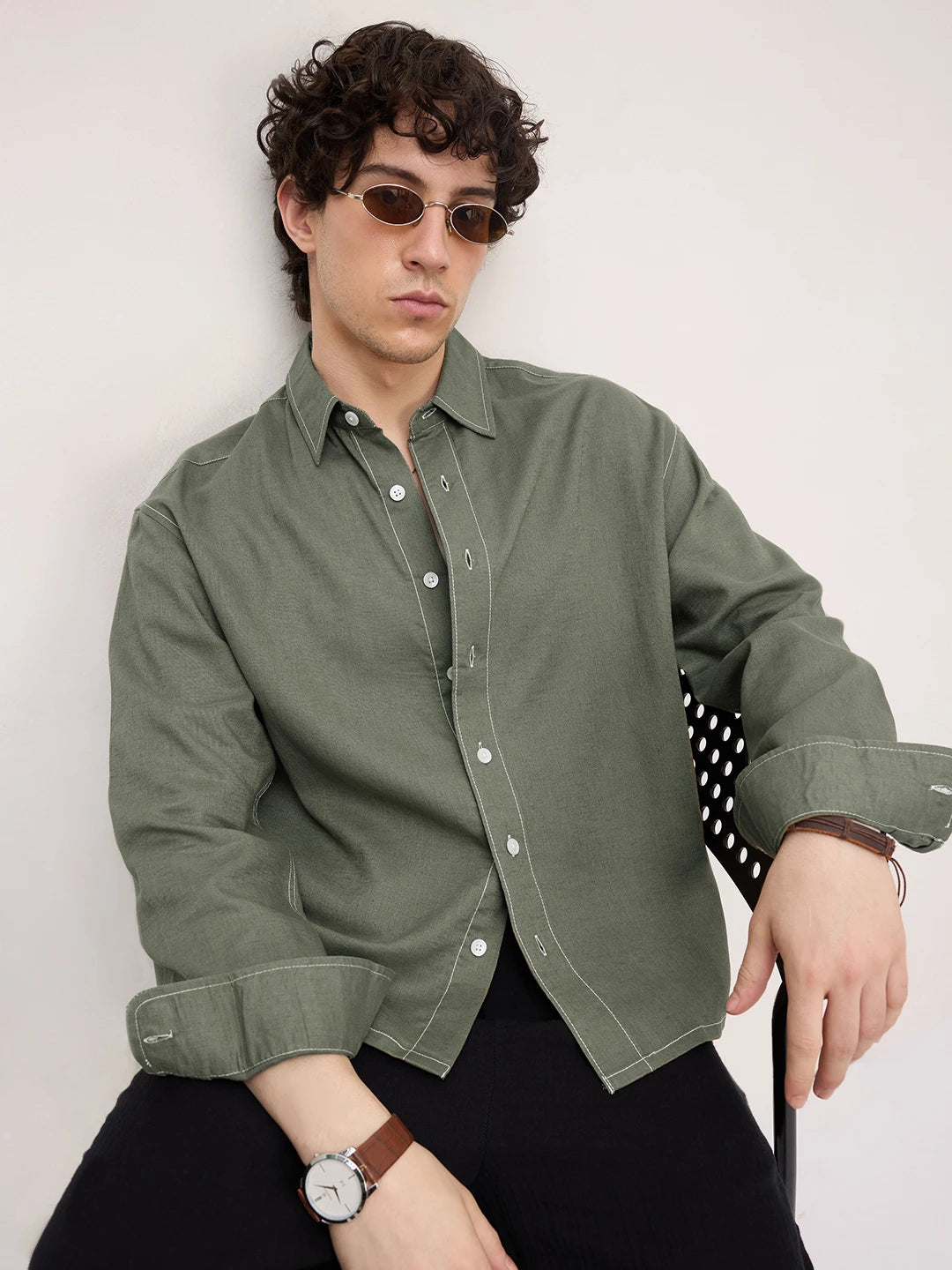 Luxe Olive Canvas Linen Blend Boxy Fit Crop Shirt