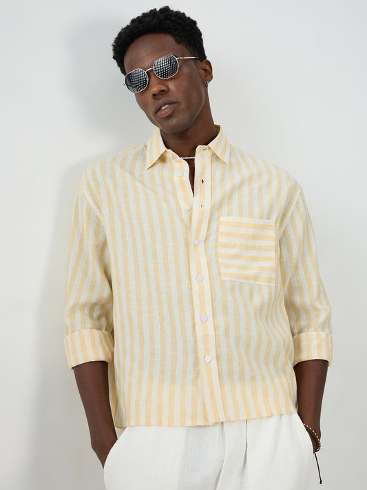 White & Yellow Balanced Striped Boxy Fit Crop Shirt