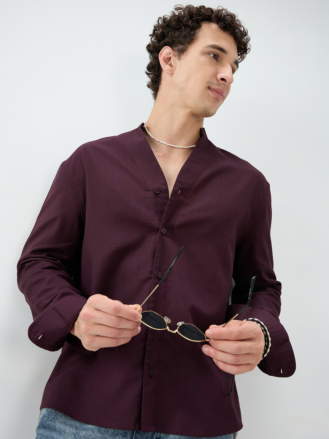 Maroon Fine Weave Oversized Stand Collar Shirt