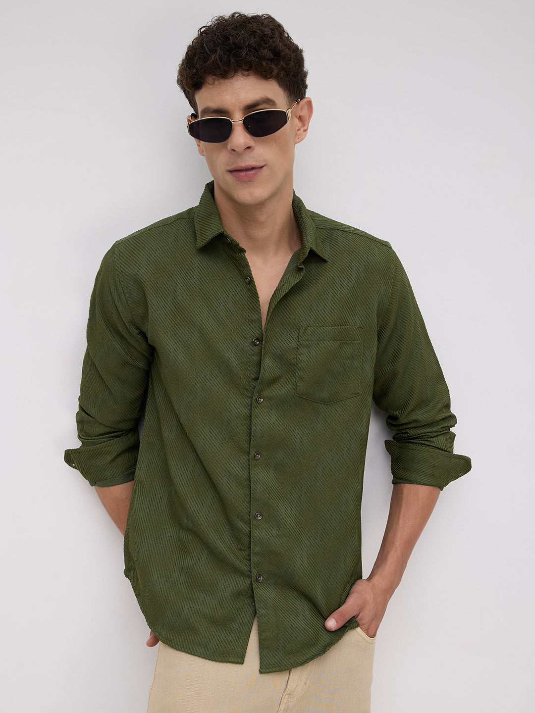 Olive Asymmetric Stripe Textured Shirt