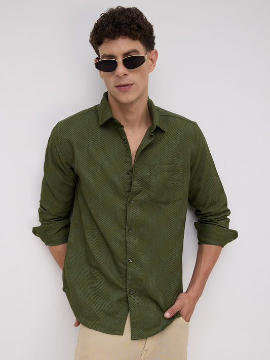 Olive Asymmetric Stripe Textured Shirt