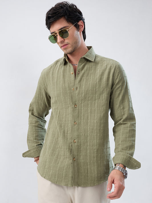 Premium Olive Grid Emboss Double Cloth Textured Shirt