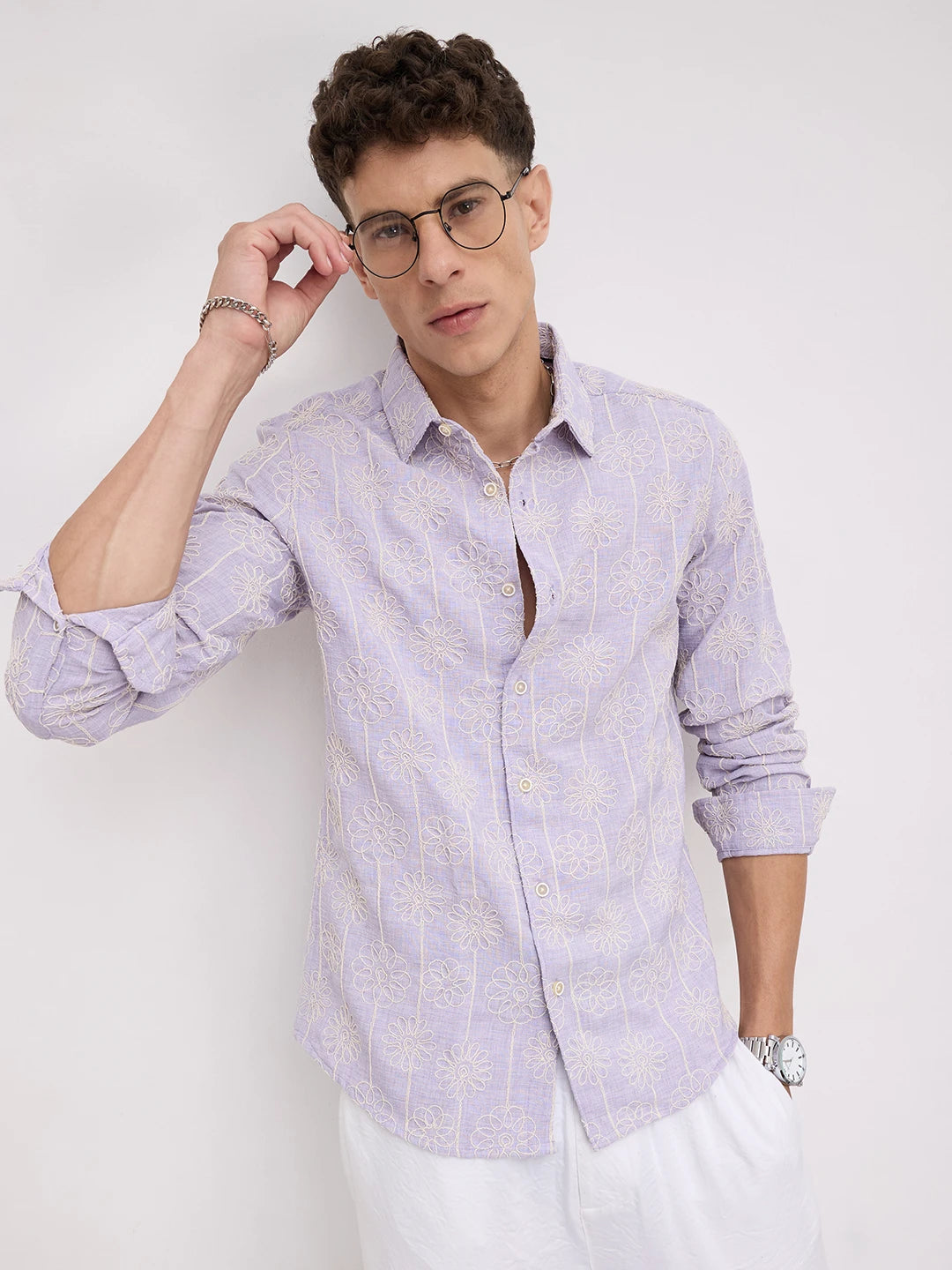 Soft Lilac Floral Embroidered Slub Shirt