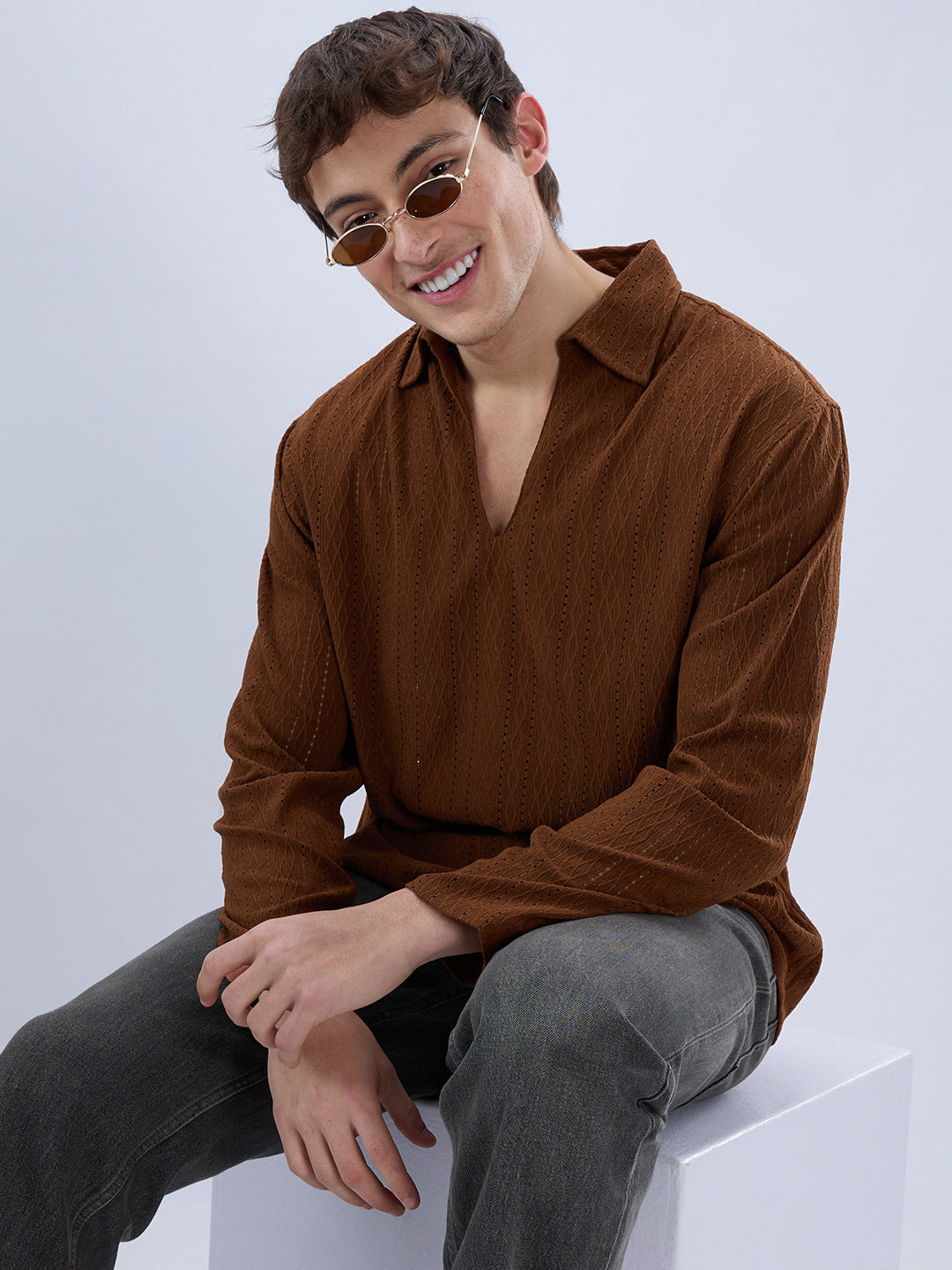 Luxe Brown Fine Lozenge Weave Polo Oversized Shirt