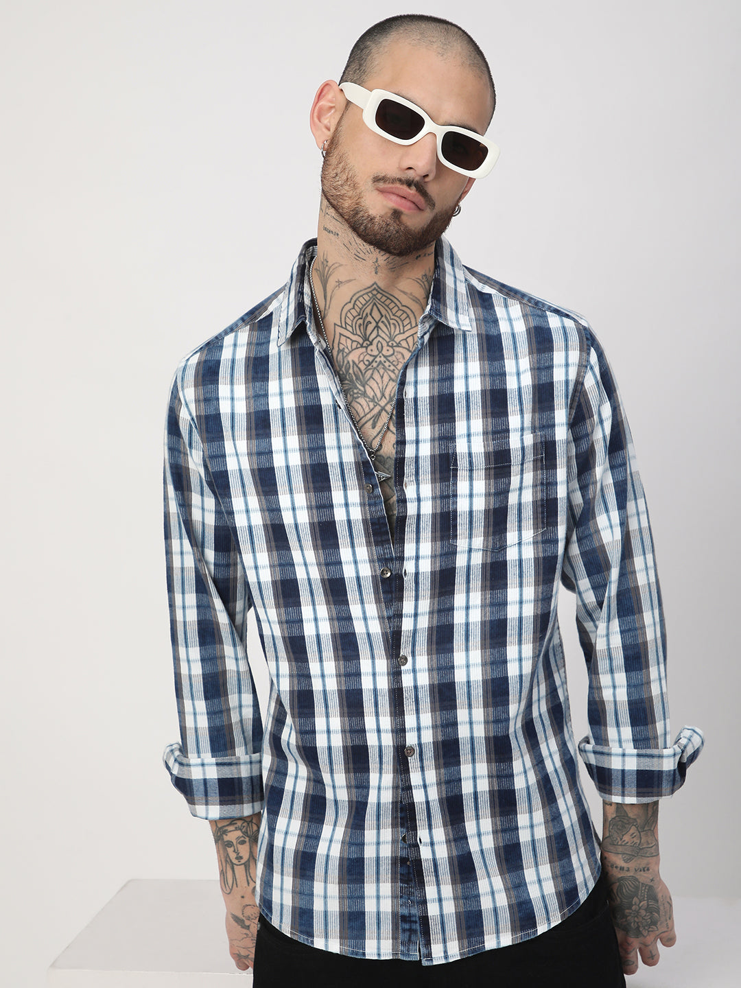 Grey & Navy Plaid Checks Corduroy Shirt