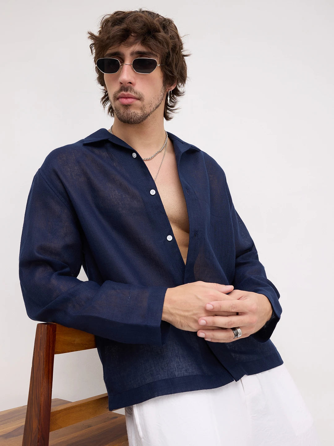 Navy Sheer Textured Notch Collar Oversized Shirt