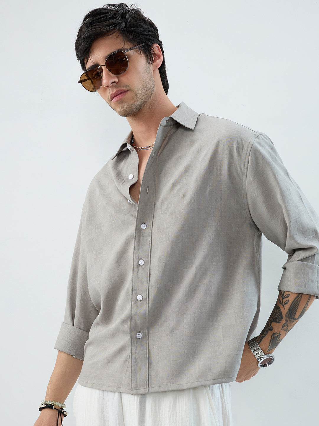 Grey Soft Grid Textured Boxy Fit Crop Shirt