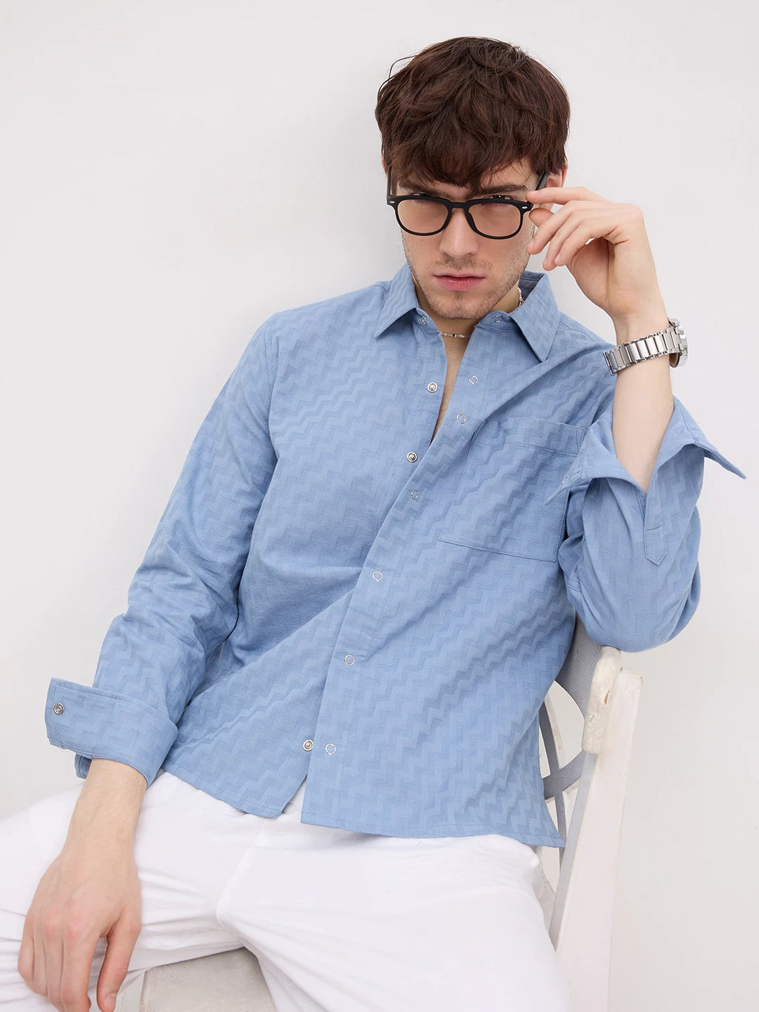 Elevated Blue Maze Textured Straight Hem Crop Shirt