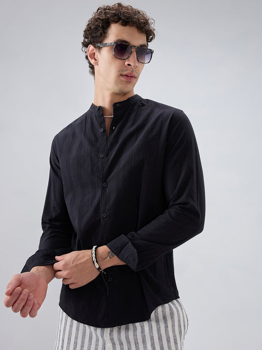 Jet Black Seersucker Striped Mandarin Shirt
