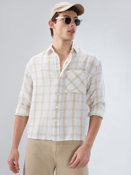 Warm Beige Checks Fine-Weave Boxy Fit Crop Shirt
