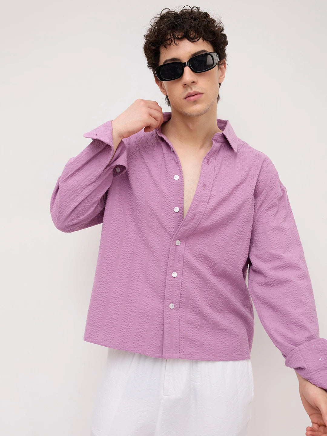 Luxury Purple Seersucker Striped Boxy Fit Crop Shirt