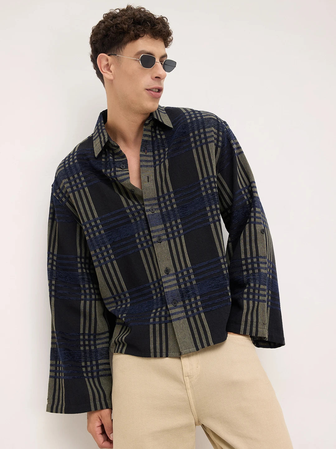Olive & Navy Raised Plaid Checks Cuffless Oversized Crop Shirt