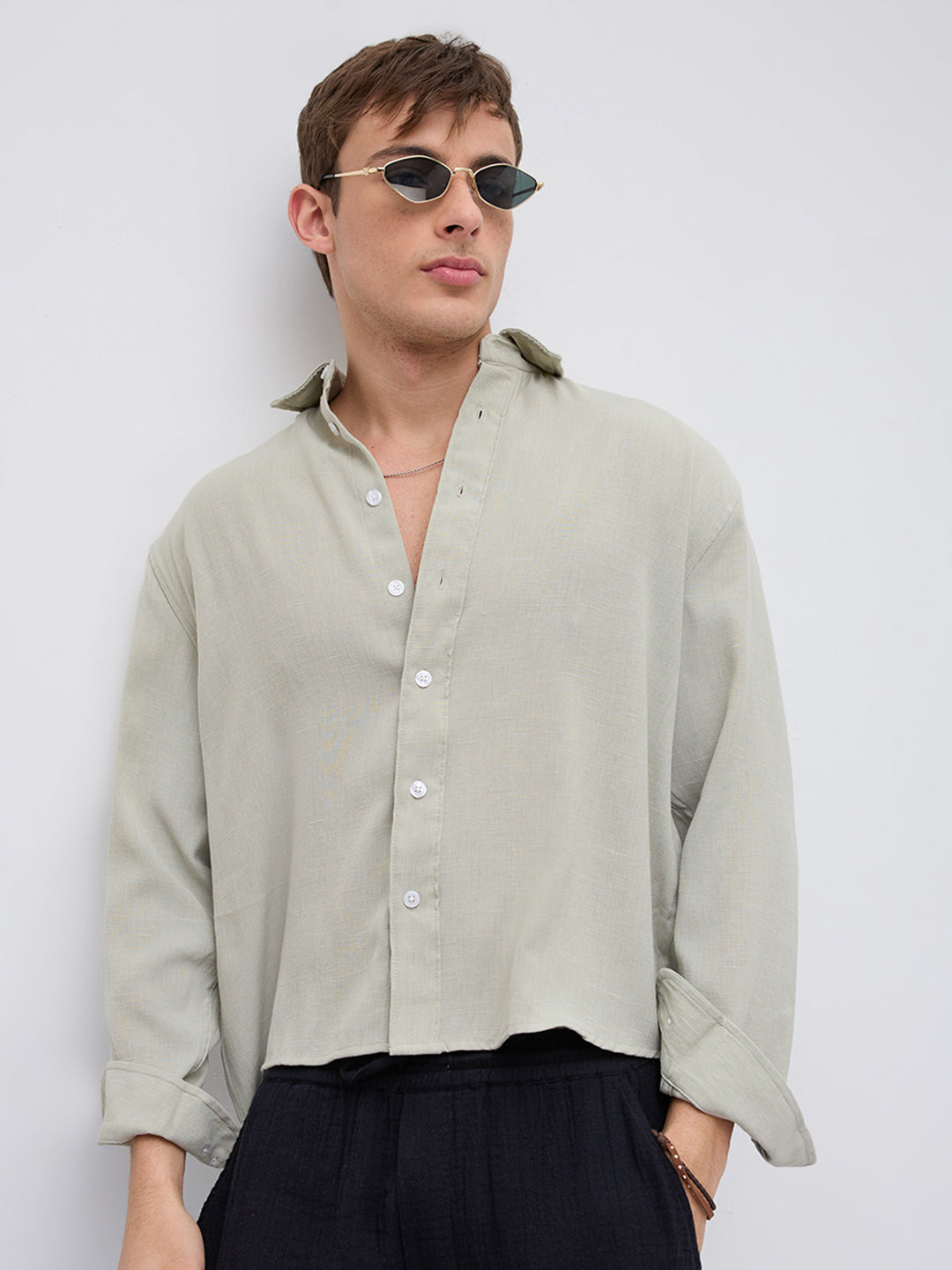 Sage Green Fine Weave Boxy Fit Crop Shirt