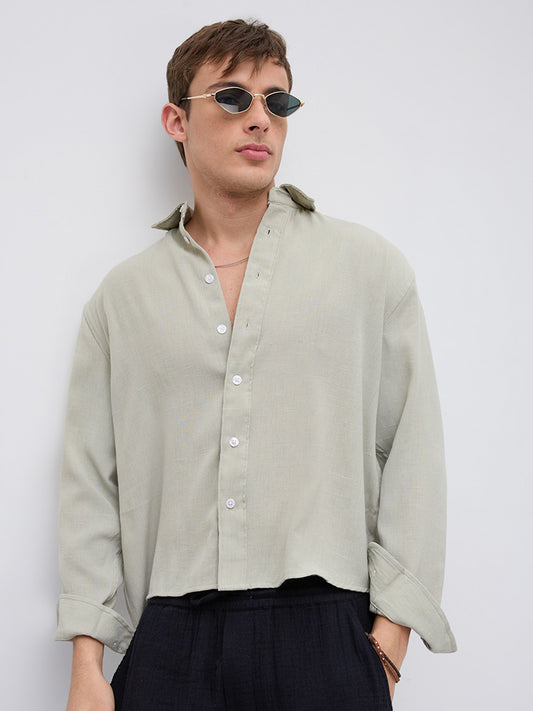Sage Green Fine Weave Boxy Fit Crop Shirt