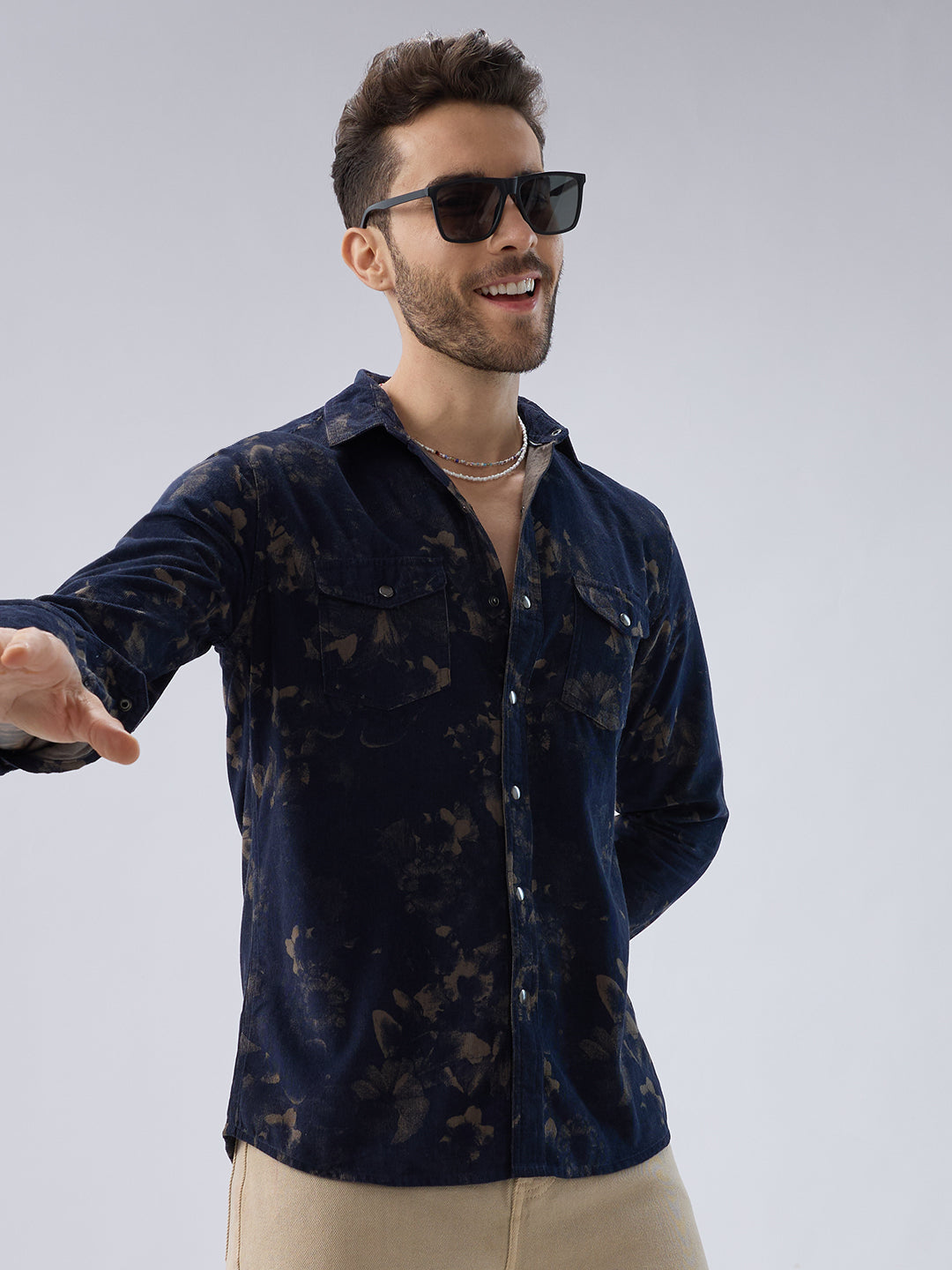 Navy Abstract Bloom Printed Flap Pocket Corduroy Shirt