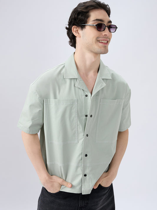 Icy Pistachio Notch Collar Oversized Cropped Utility Shirt