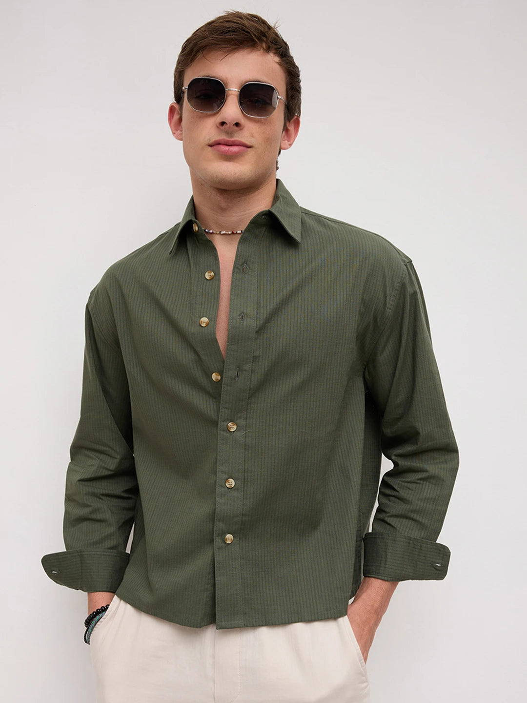 Forest Green Sheer Slub Striped Boxy Fit Crop Shirt