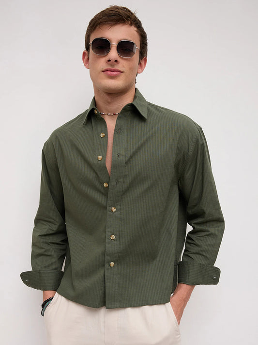 Forest Green Sheer Slub Striped Boxy Fit Crop Shirt