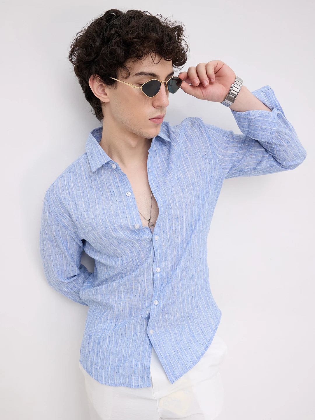 Trendy Blue Melange Vertical Striped Shirt