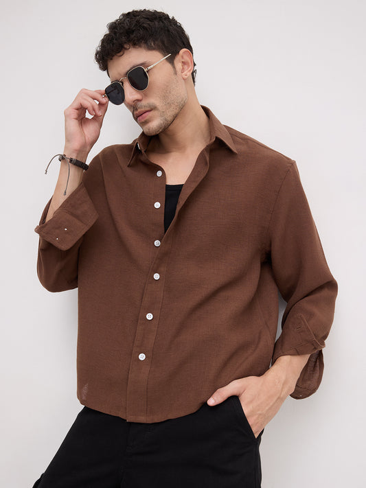 Plush Chocolate Brown Sheer Weave Boxy Fit Crop Shirt