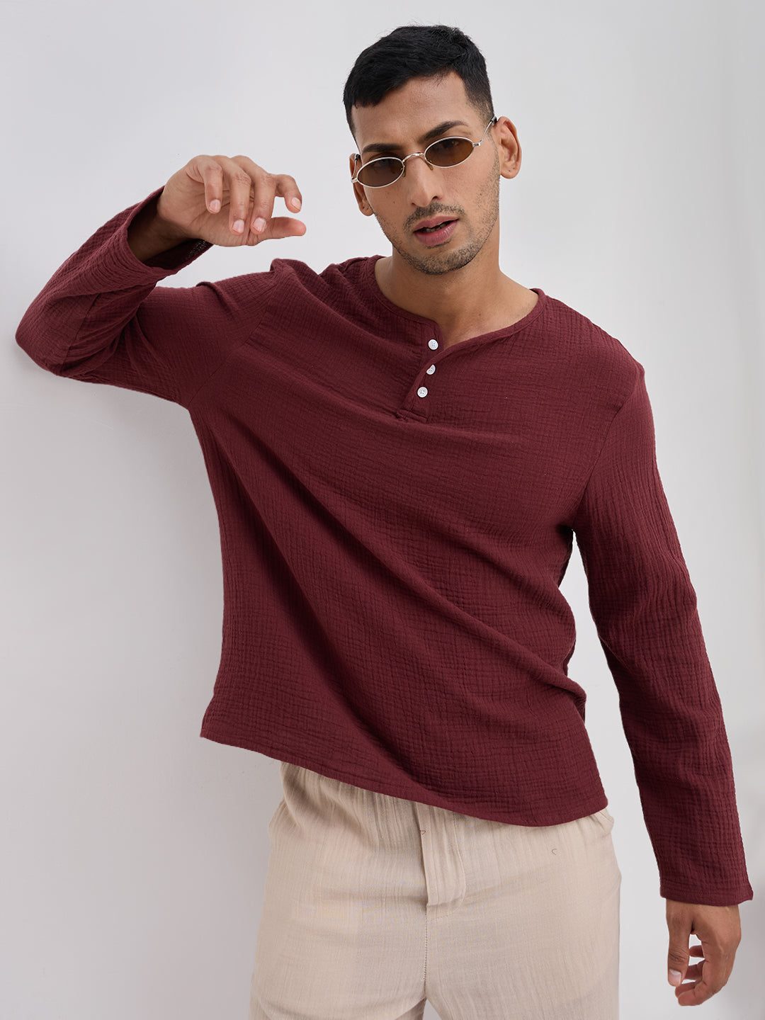 Debonair Maroon Double Cloth Henley Neck Oversized Shirt