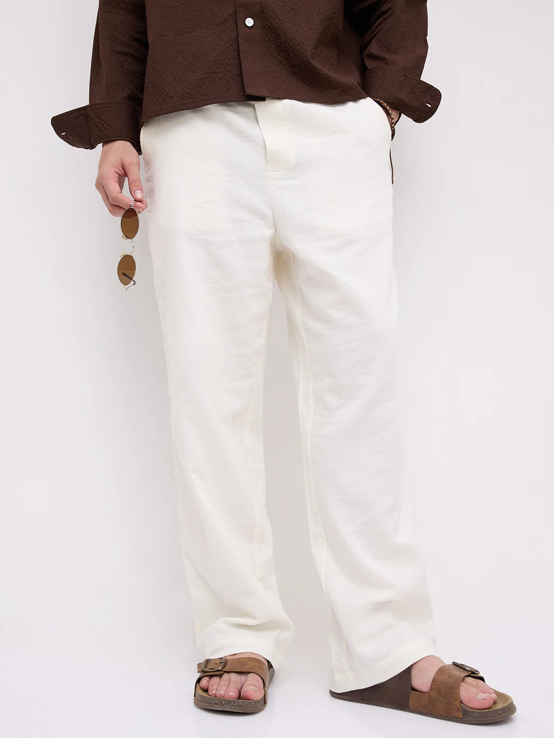 Pearl White Herringbone Textured Straight Fit Trousers