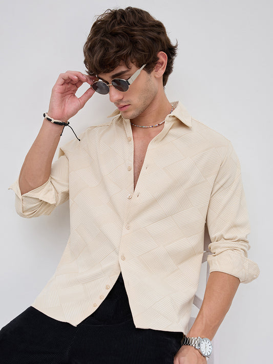 Intricate Beige Block Weave Knitted Shirt