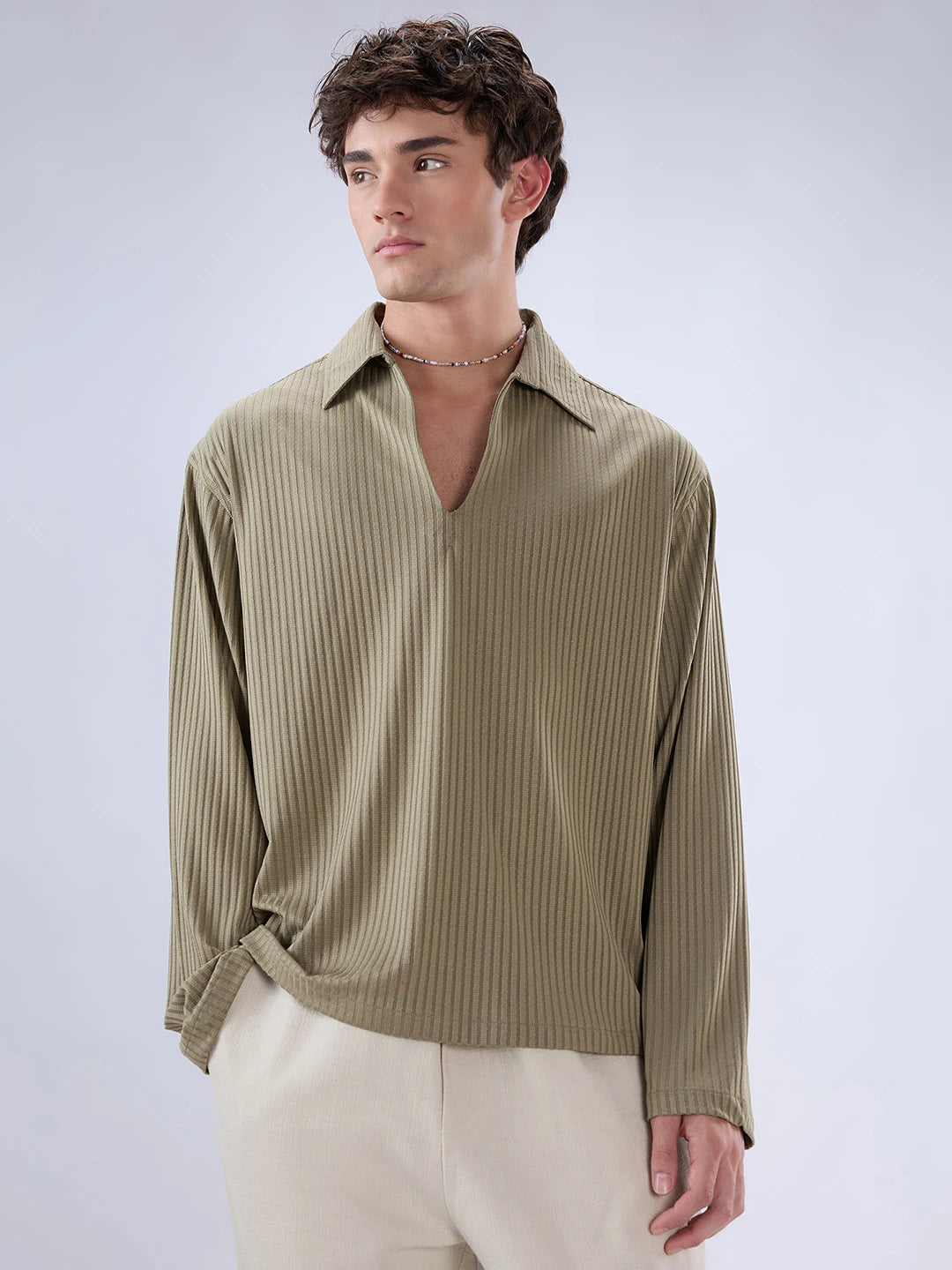 Olive Dual Weave Striped Oversized Polo Knit Shirt