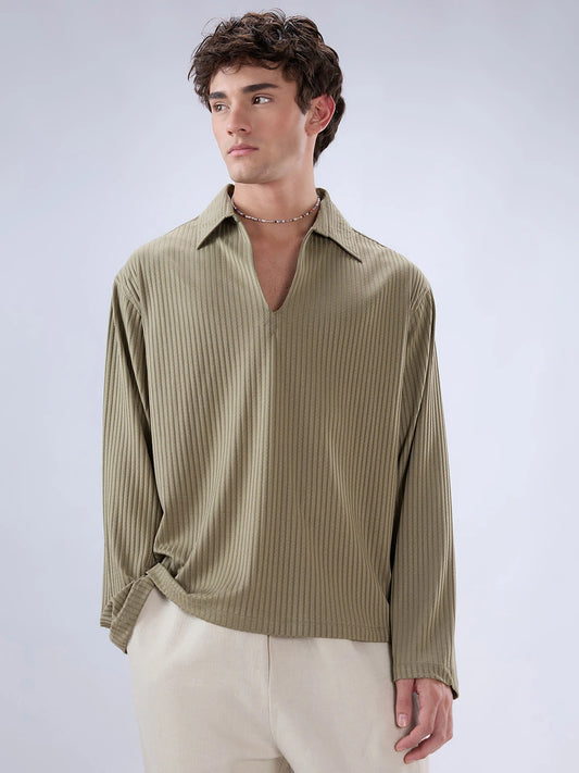 Olive Dual Weave Striped Oversized Polo Knit Shirt