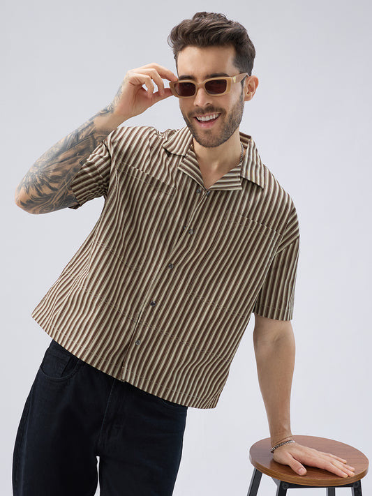 Desert Brown Contrast Striped Twin Pocket Oversized Crop Shirt